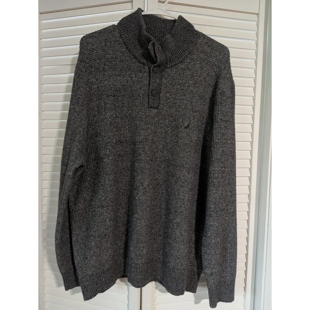 Nautica Mens Sweater Size XL Dark Gray Heather Mock Neck Button Pullover Knit